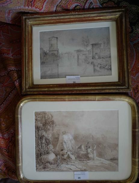 Null Dessin au lavis : Paysage romantique, daté 1836 et dessin à l'encre : vue d&hellip;