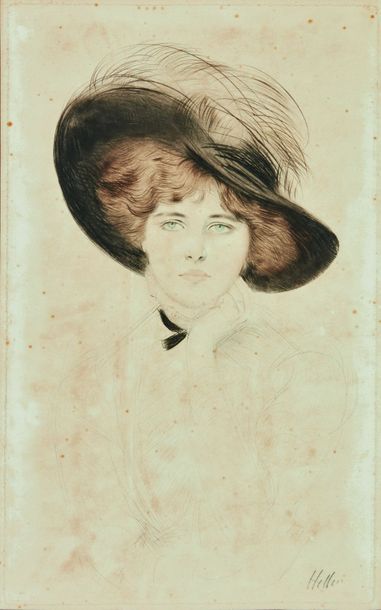 Null Paul César HELLEU (1859-1927) : Élégante au chapeau à plume. Pointe sèche. &hellip;