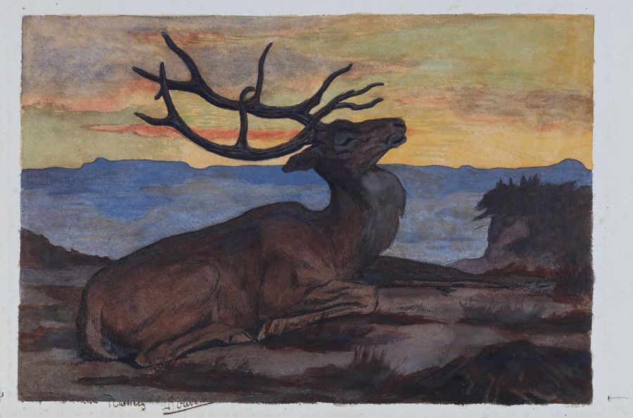 Null Paul JOUVE (1878-1973) : Cerf allongé. Crayon, aquarelle et rehaut d’encre &hellip;