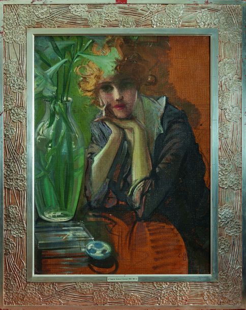 Null Eugène Samuel GRASSET (1845-1917) : Portrait d’élégante au vase de lys. Hui&hellip;