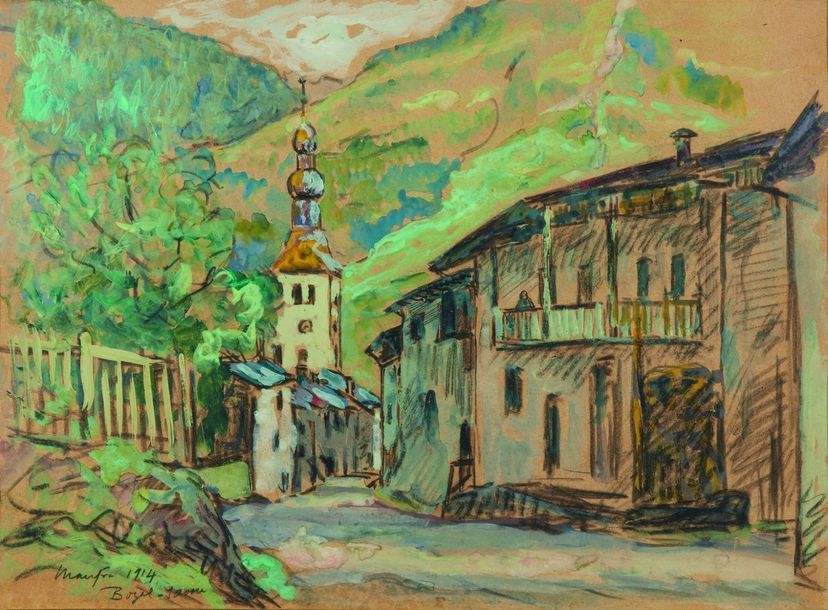 Null Maxime MAUFRA (1861-1918) : L'Eglise de Bozel, Savoie. Aquarelle et gouache&hellip;