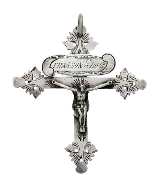 Null Grande croix grille de Chambéry en argent. En applique, le Christ en croix &hellip;