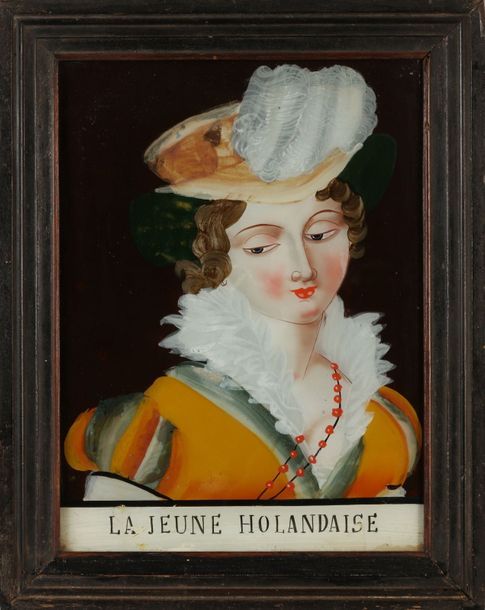 Null Peinture sous verre La jeune holandaise (sic) coiffée d’un chapeau à plume.&hellip;