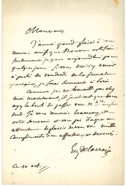 Null Eugène DELACROIX (1798-1863) peintre. L.A.S., 10 octobre [1846], à Jules LA&hellip;