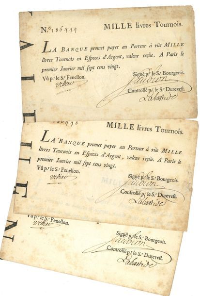 Null BANQUE DE LAW. 3 billets typographiés, Paris 1er janvier 1720 ; 1 page oblo&hellip;