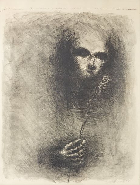 Null Eugène DODEIGNE (1923-2015). Figure à la fleur. Estampe en noir signée en b&hellip;