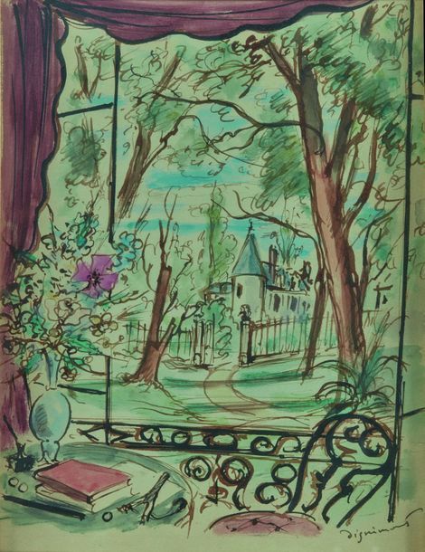 Null André DIGNIMONT (1891-1965). Fenêtre ouverte sur une allée de château. Aqua&hellip;