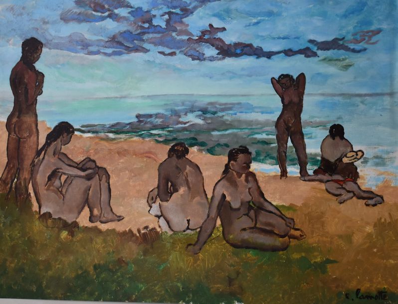 Null Emmanuel LAMOTTE (1916–1998). Modèles sur la plage. Gouache signée en bas à&hellip;