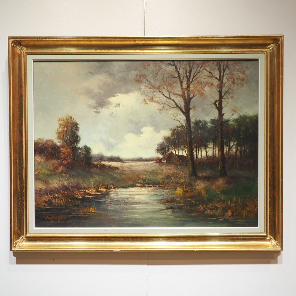 Null Curakan ?约1960年的布面油画，带池塘的农舍，左下方有签名，尺寸：60 x 80 cm