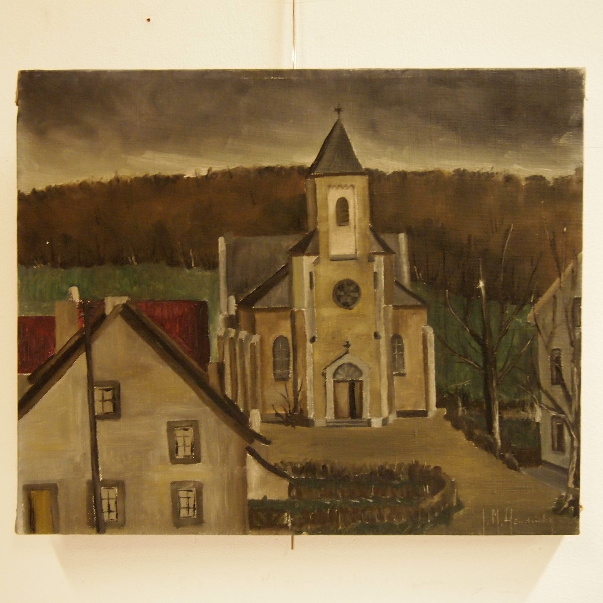 Hendrickx 亨德里克斯：布面油画，有教堂的村庄景色，右下角有签名，尺寸：38 x 46 cm