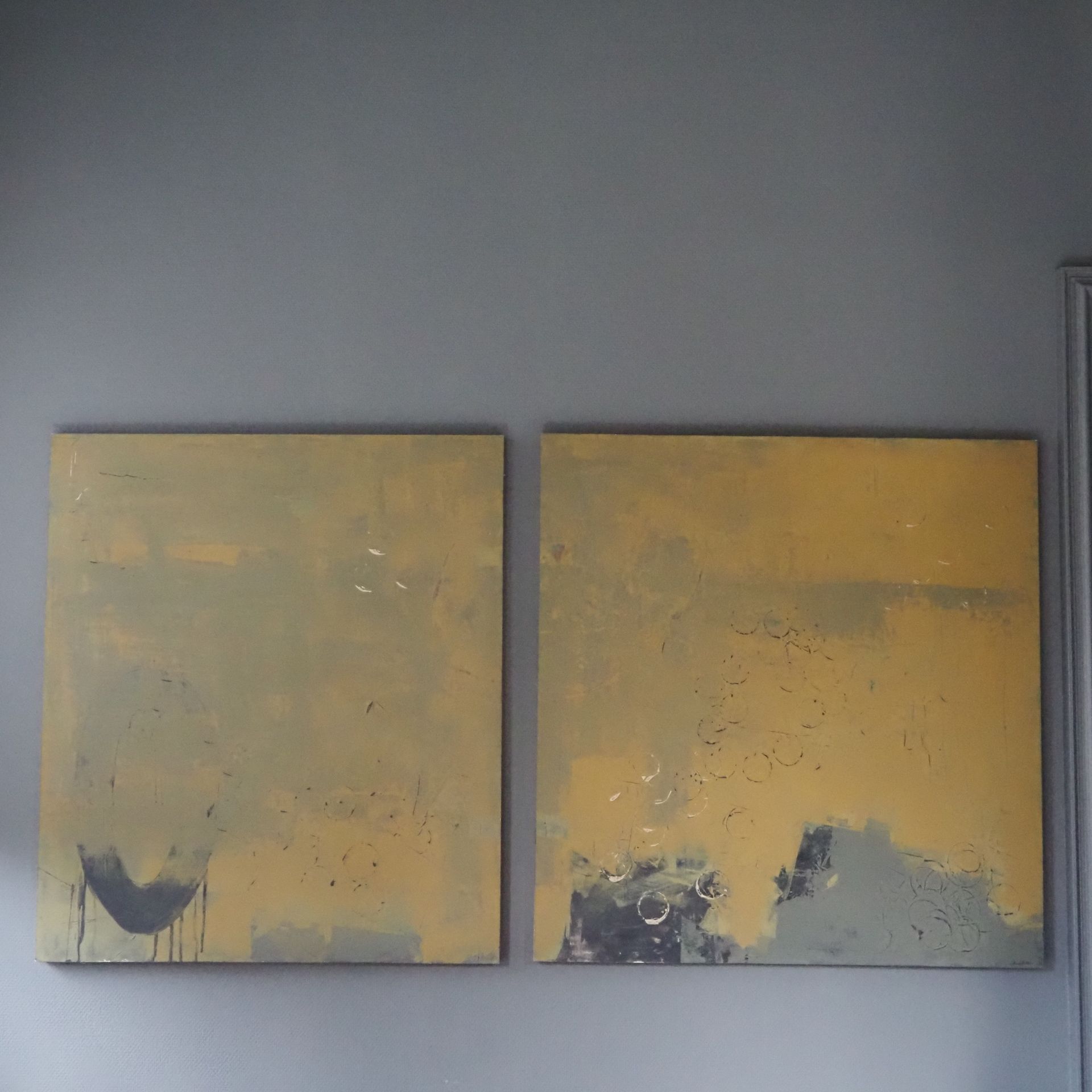 Null De Mot Denis : 双连画，板上丙烯，抽象构图，背面签名，日期为2007年，尺寸：94 x 172 cm