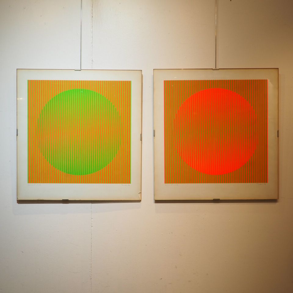 Null Dieter ?光学艺术，一套2张彩色丝网印刷品 Ariste印刷品的球体和荧光绿色和粉红色线条，右下角有铅笔签名，日期为1970年，图像尺寸：49.&hellip;