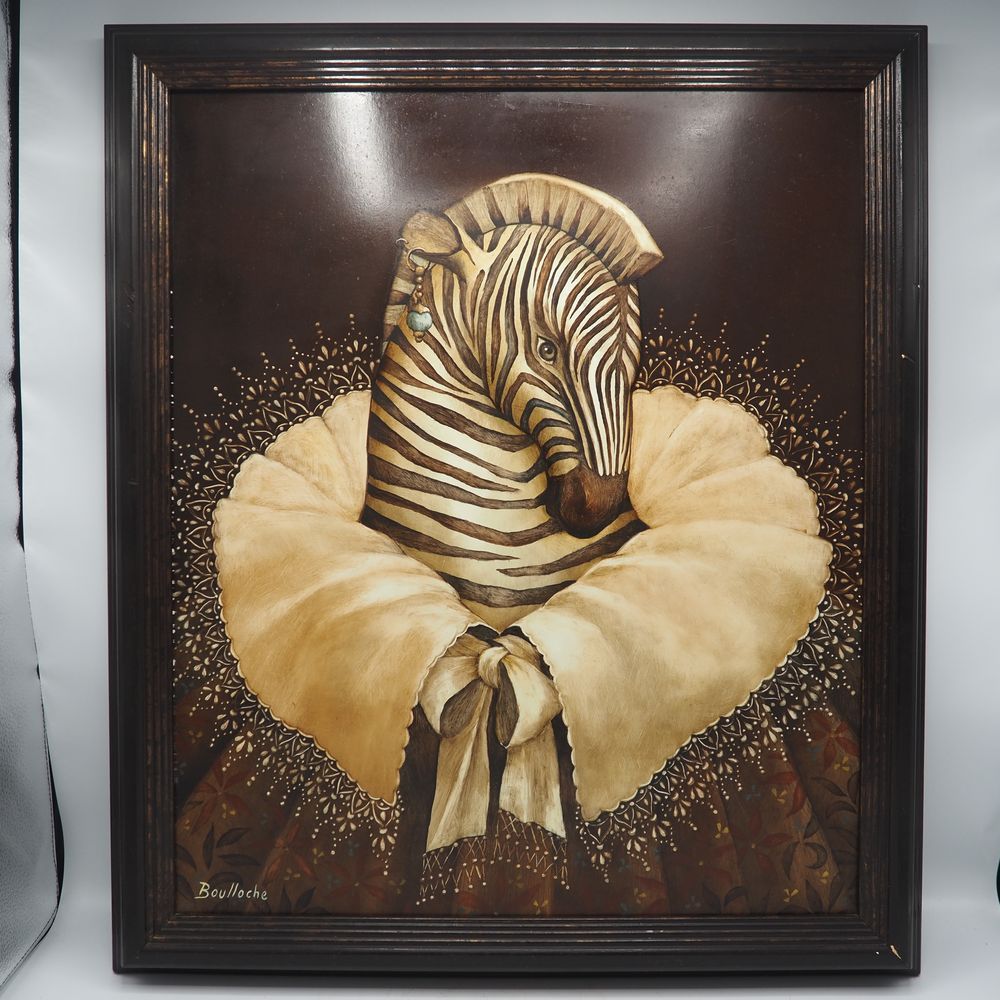 Null Bouloche Agnès (1951): olio su tavola, testa di zebra con collare di pizzo,&hellip;