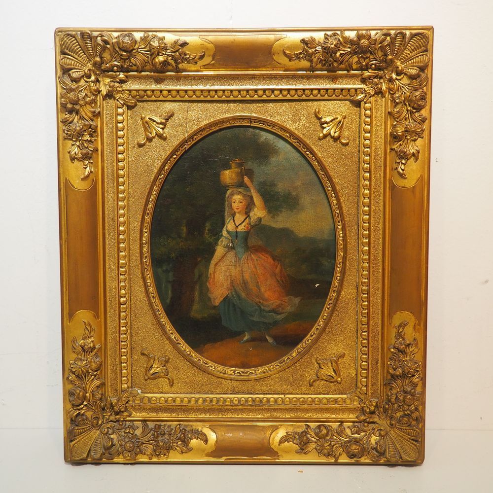 Null 19世纪的布面油画，在镀金灰泥木质奖章框架中的水载体，画布尺寸：33 x 26厘米