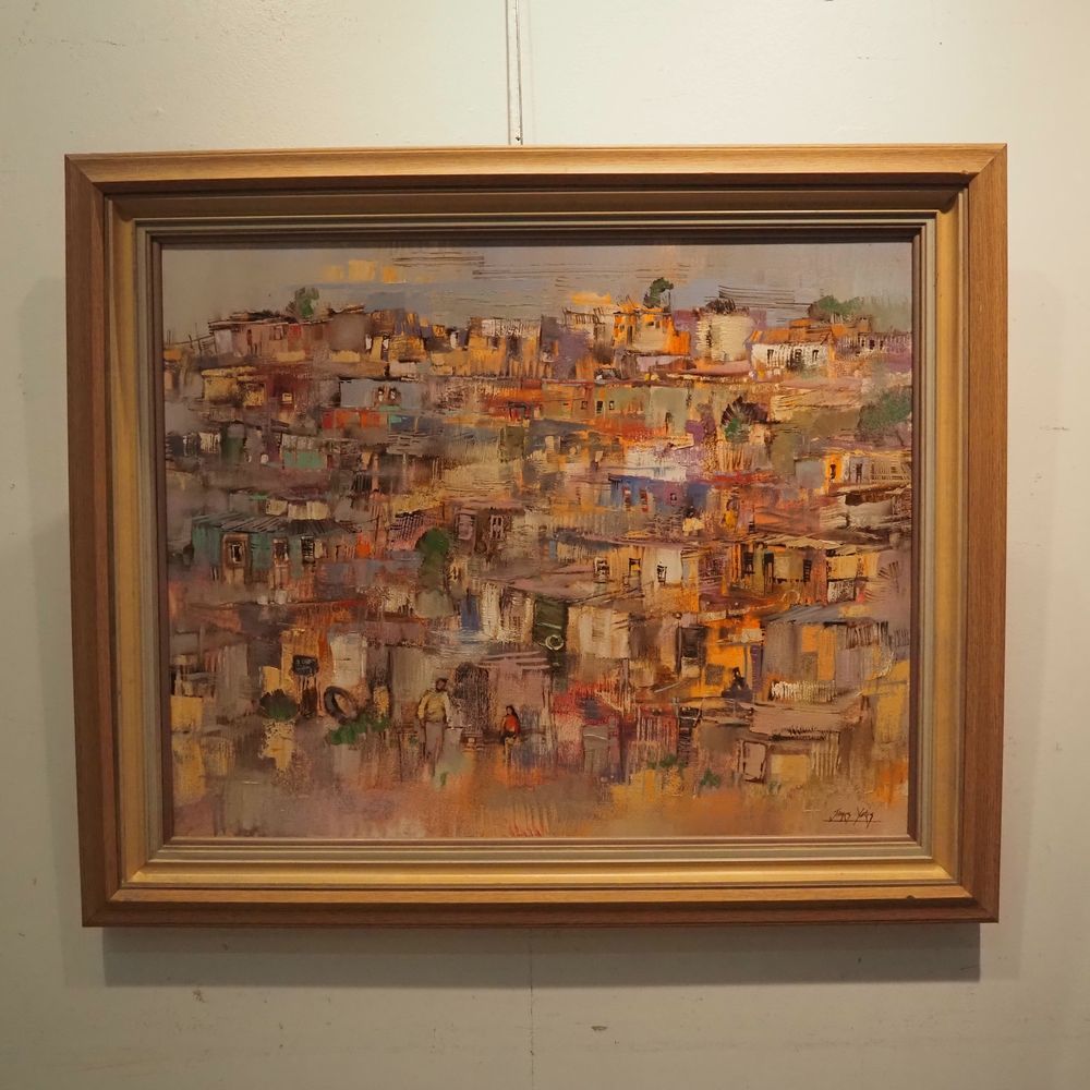 Null Yates James (1944) : Acrylic on canvas, view of animated shantytown, signed&hellip;