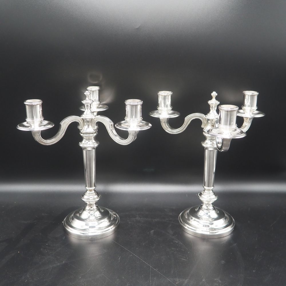 Null Christofle : Pair of candlesticks, silver plated metal, 3 arms of light, si&hellip;