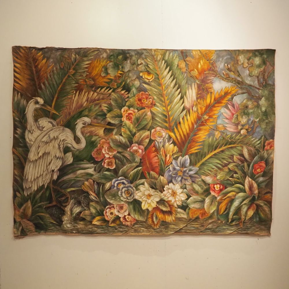 Null Óleo sobre lienzo del siglo XIX: Pareja de grullas en un jardín de flores, &hellip;