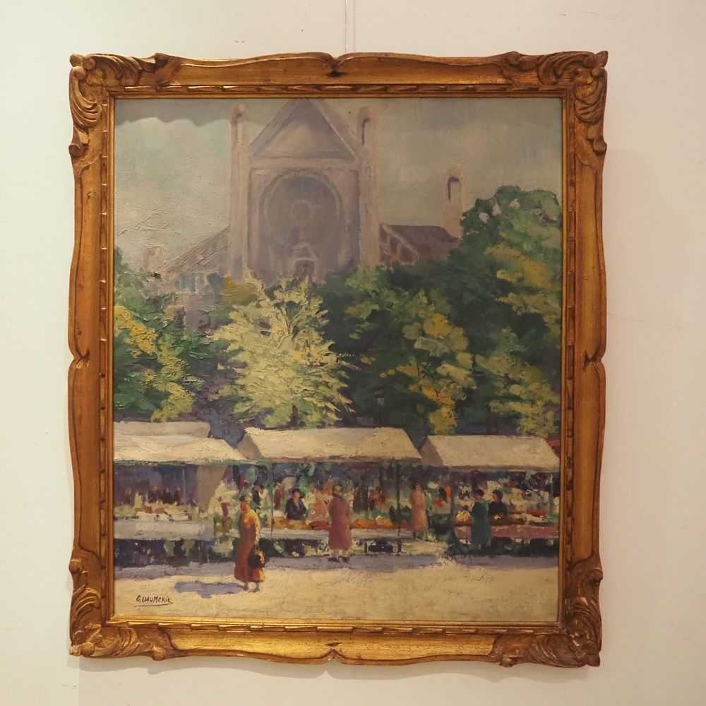 Null 达默里-乔治（1879-1955）：布面油画，大教堂前的集市广场，左下方有签名。尺寸：70 x 60厘米