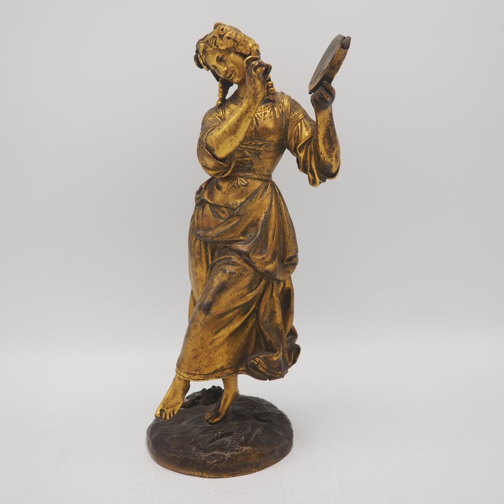 Null 坎伯沃思-查尔斯（1811-1852）归属。19世纪雕塑，青铜镀金，带手鼓的舞者，高：26厘米
