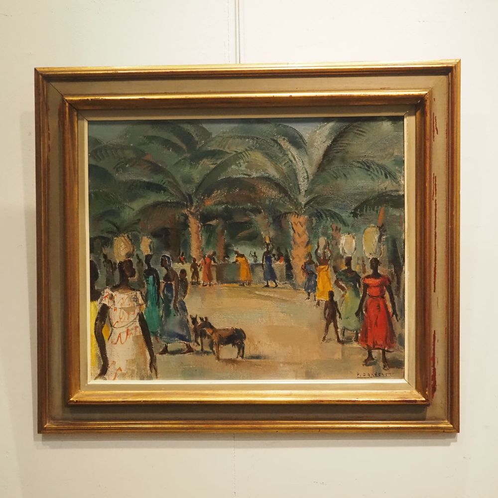 Null Daxhelet Paul (1905-1993): 布面油画，非洲村庄市场，右下角签名，尺寸：50 x 60 cm
