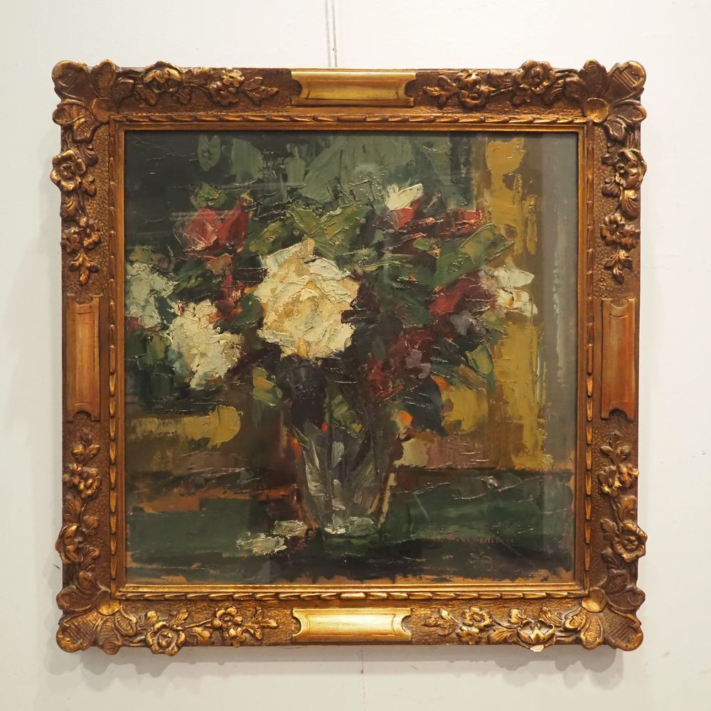 Null Edmond De Meulenaere (1884-1963): 胶合板上的油画（画笔和刀工），有花的静物，右下方有签名，尺寸：50 x 50厘米。&hellip;