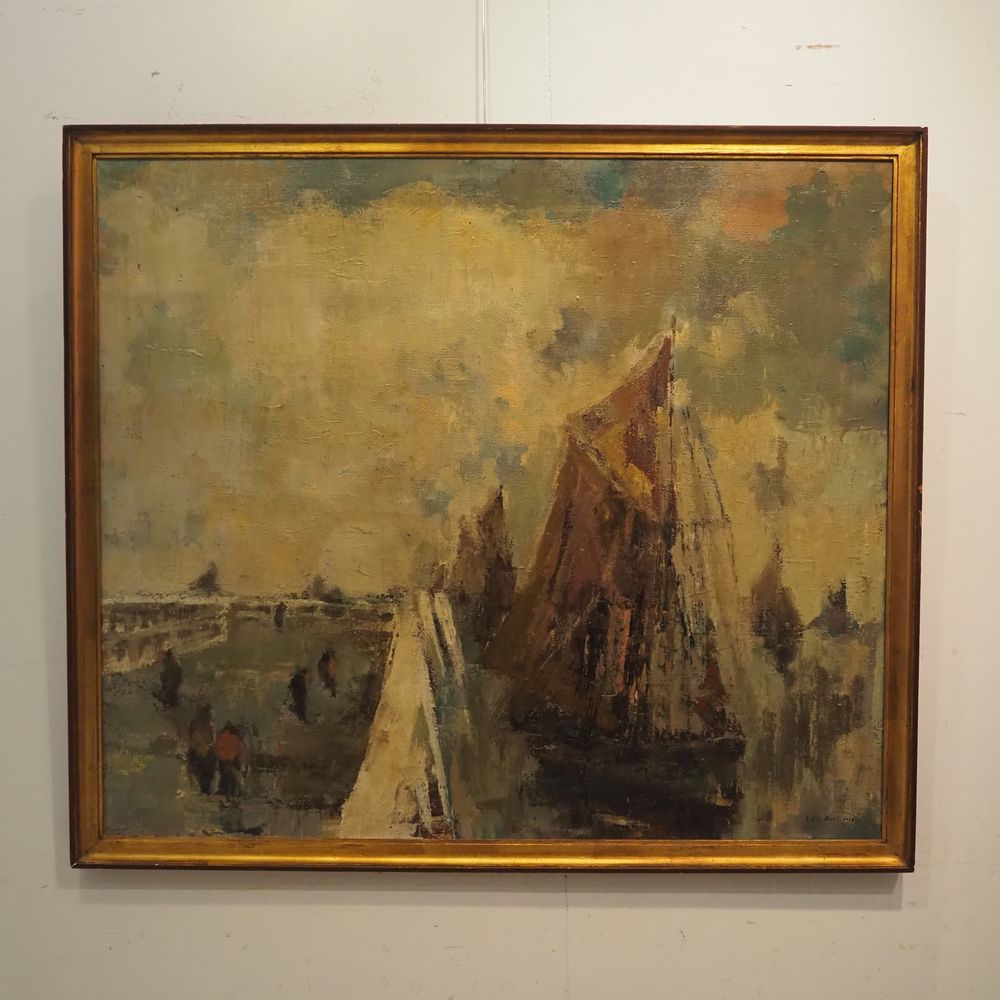 Null Edmond De Meulenaere (1884-1963): 布面油画（笔和刀的作品），奥斯坦德的防波堤，右下方有签名，尺寸：96 x 110 &hellip;