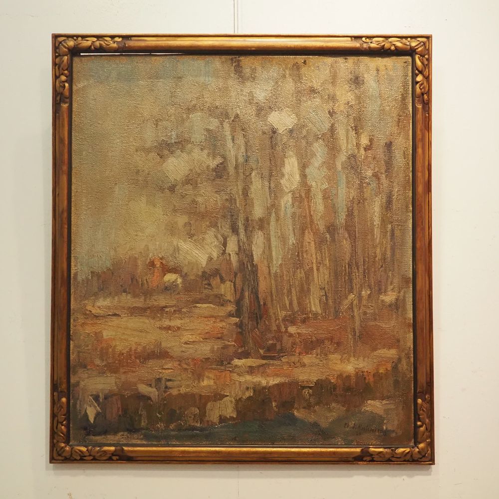 Null Edmond De Meulenaere (1884-1963): 胶合板上的油画（画笔和刀工），有小房子的灌木丛，右下方有签名，尺寸：60 x 50&hellip;