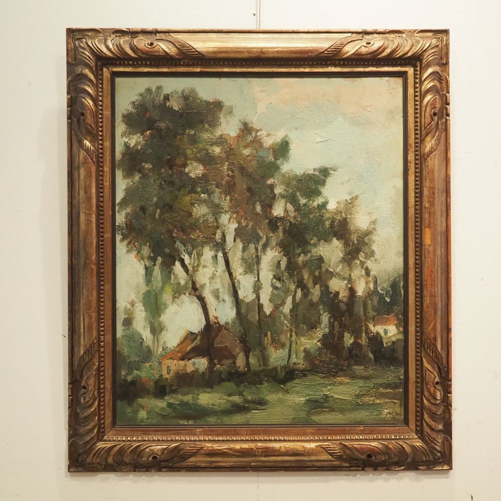 Null Edmond De Meulenaere (1884-1963): 布面油画（笔和刀的作品），有灌木和小房子的乡村景色，右下角有签名，日期为1928年&hellip;