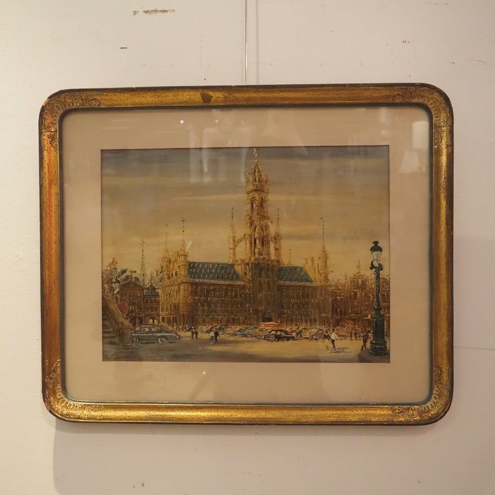 Null Bosorini Pierangelo (1905-1973): 约1950年的纸板油画，布鲁塞尔的大广场动画，左下方有签名。尺寸：28.5 x 38&hellip;
