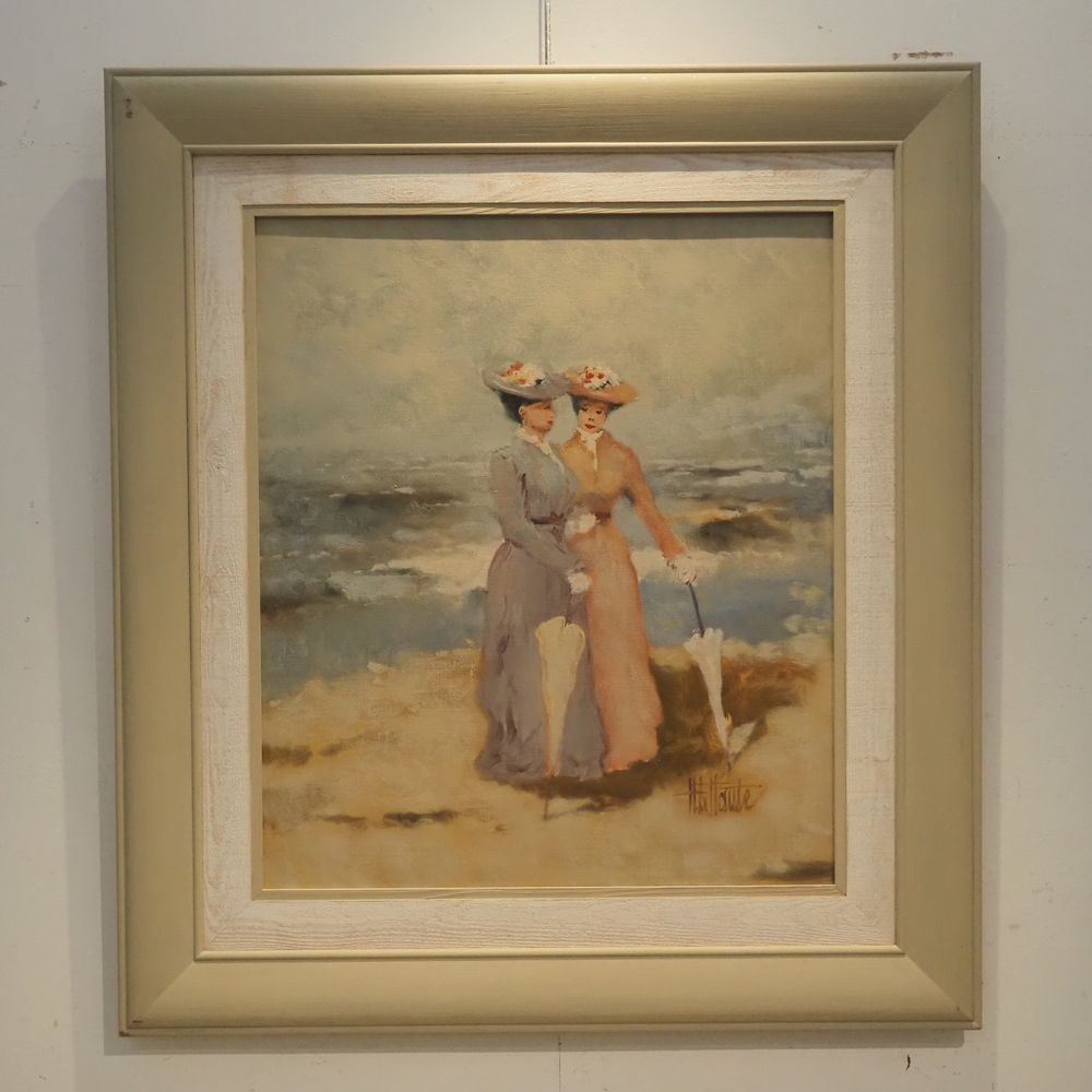 Null De Haute H: 布面油画，2个中产阶级妇女在海边，右下角有签名，尺寸：70 x 60 cm