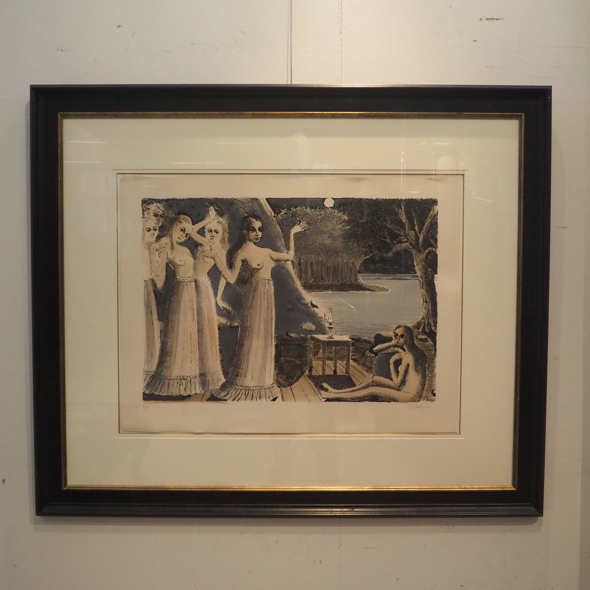 Null Delvaux Paul (1897-1994) :彩色石板画，艺术家的证明，"le bout du monde"，裸露乳房的年轻女孩，日期为1968&hellip;