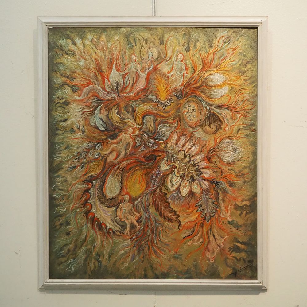 Null Diatchenko Tamara：混合技术，帆布上的丙烯酸和油画粘贴在面板上，标题为 "Fleurtis "花卉构图与人物，尺寸：60 x 50厘米&hellip;