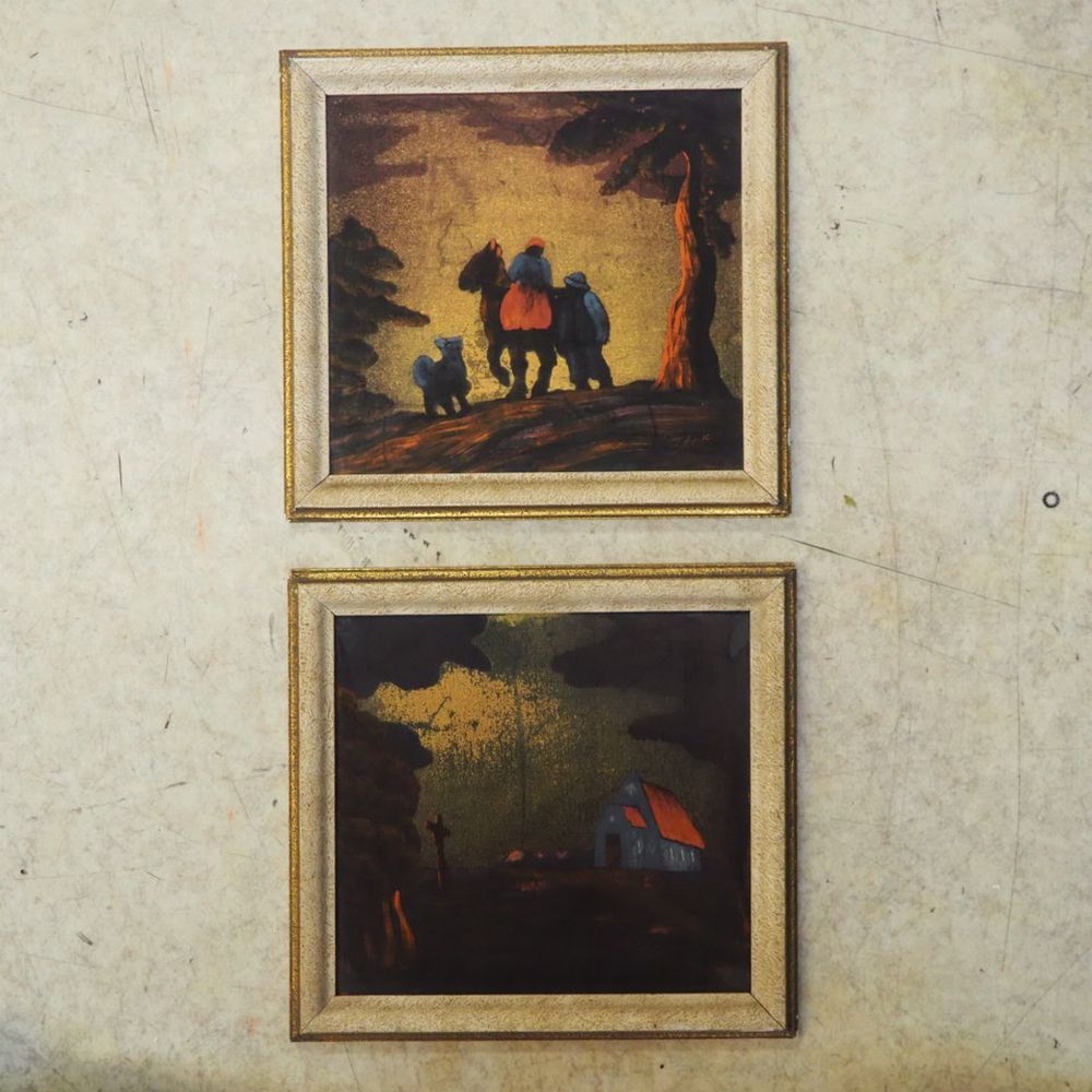 Null T. Burkings ?: Lot of 2 paintings on silk around 1950, signed on the bottom&hellip;