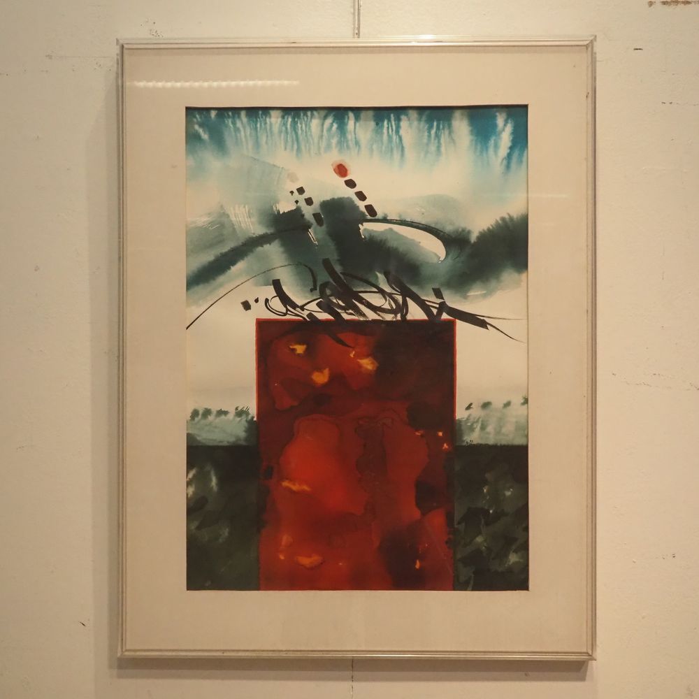Null 蒂默曼：纸上水粉画，抽象构图，右侧有签名，日期为1993年，尺寸：58 x 41厘米，玻璃下有框架