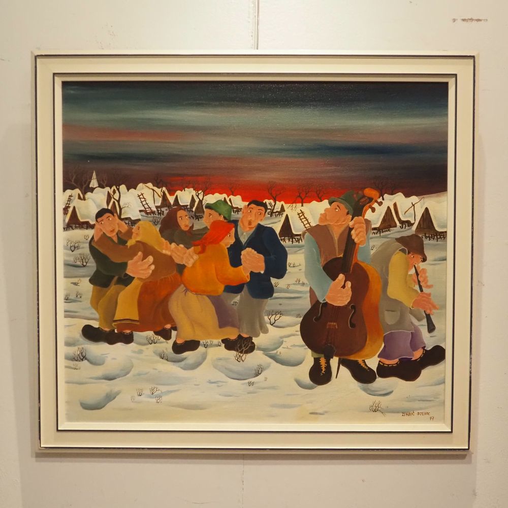 Null Pyevac Zinaic: I 布面油画，天真，冬季风景中的村庄盛宴，右下角有签名，日期为1977年，尺寸：60 x 67厘米