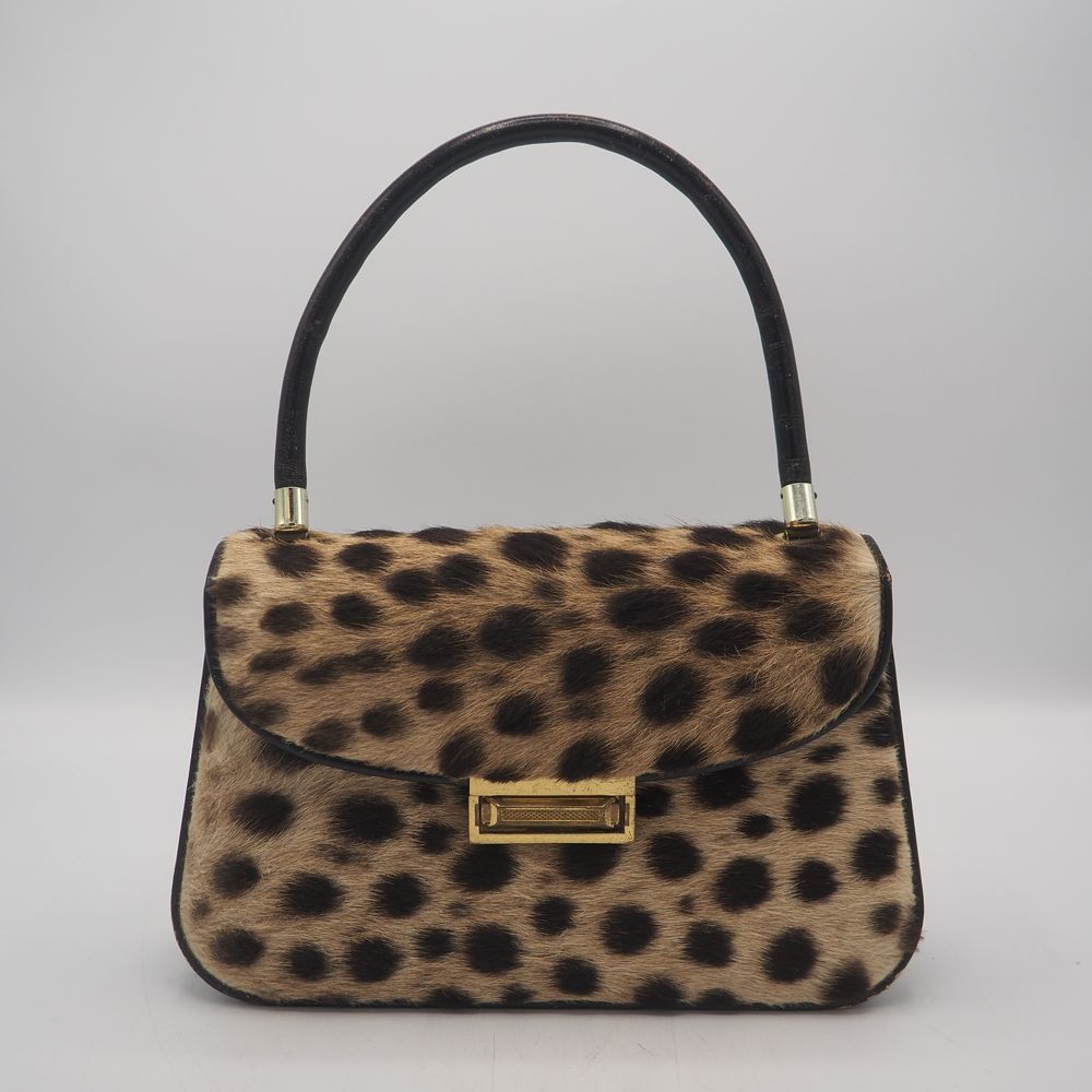 Null Handtasche um 1950: Leopardenfell und schwarzes Leder, Innenausstattung mit&hellip;