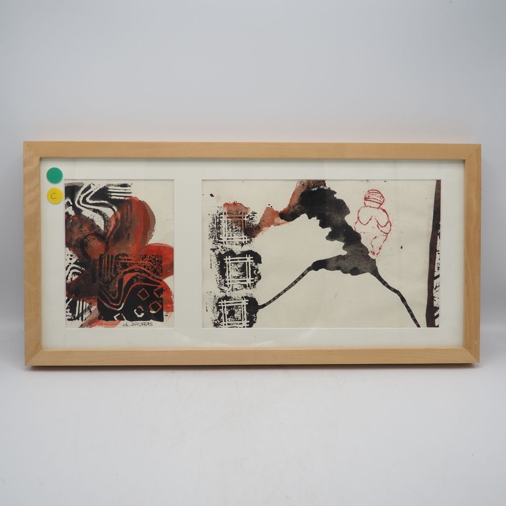Null 尚塔尔-迪克斯：2幅素描，印度墨水混合技术，抽象构图，左下角签名，玻璃框，（C），带框尺寸：25.5 x 52.5厘米