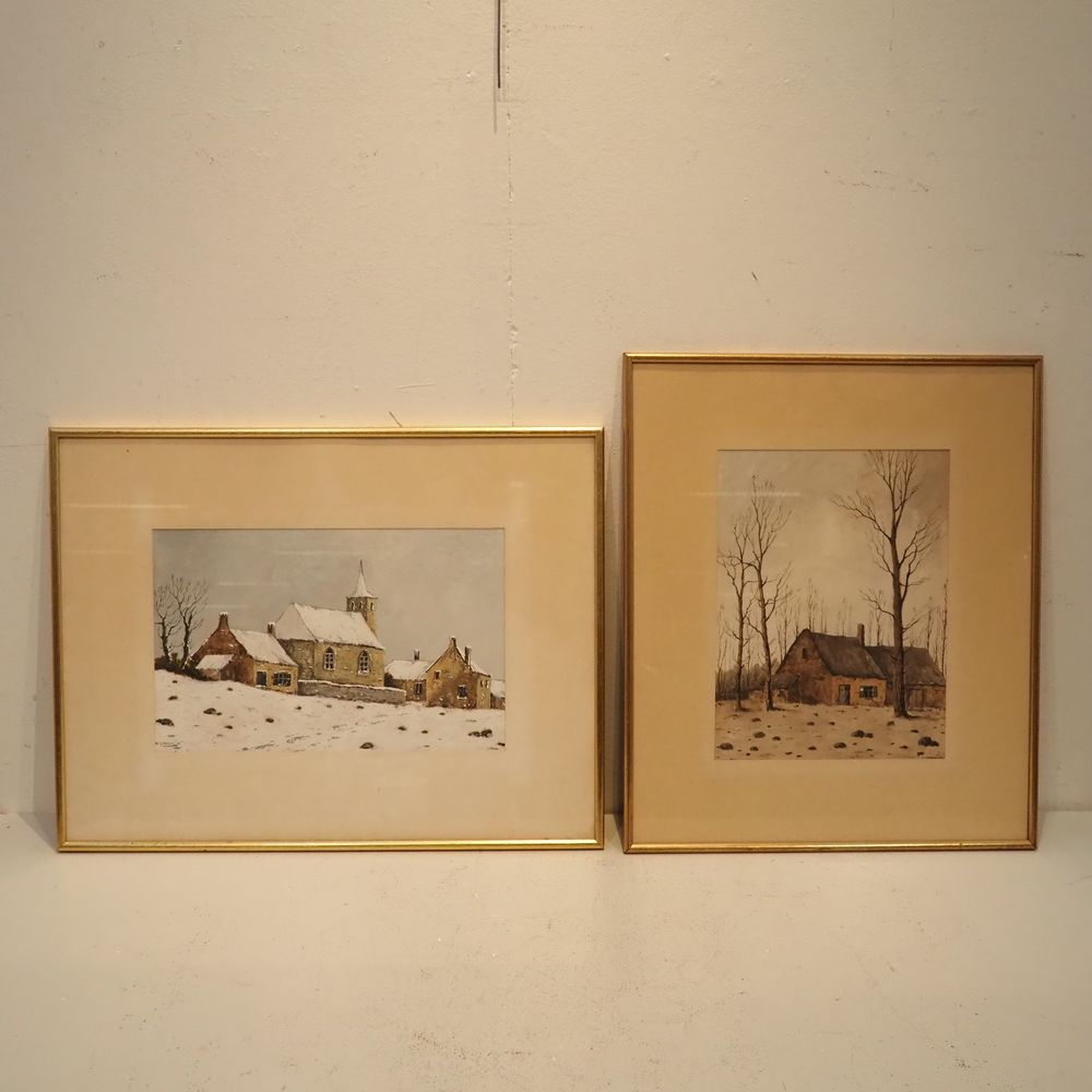 Null 德米奇：纸上水粉画2件，一件是乡村房屋的景色，另一件是教堂，已签名。尺寸：23 x 36厘米和32 x 24厘米