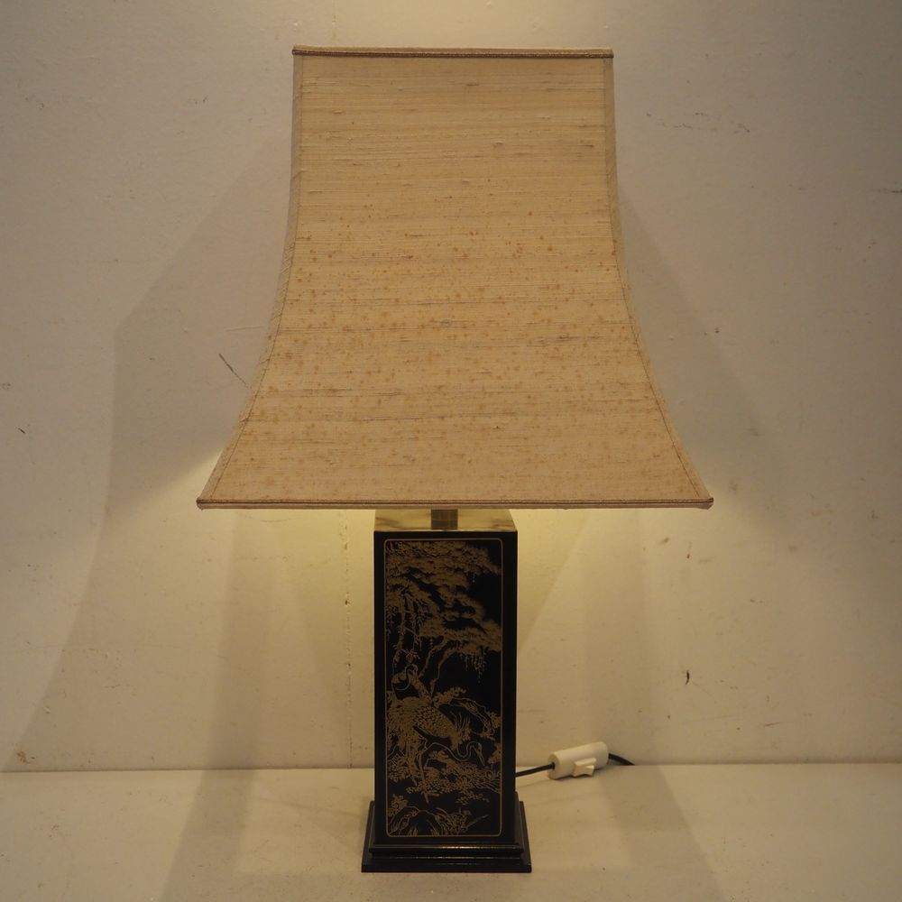 Null 日本气氛灯，未漂白布的宝塔形灯罩，黑色漆面木质方形脚，带金色植物图案，总高度：72，长：40 x 40厘米