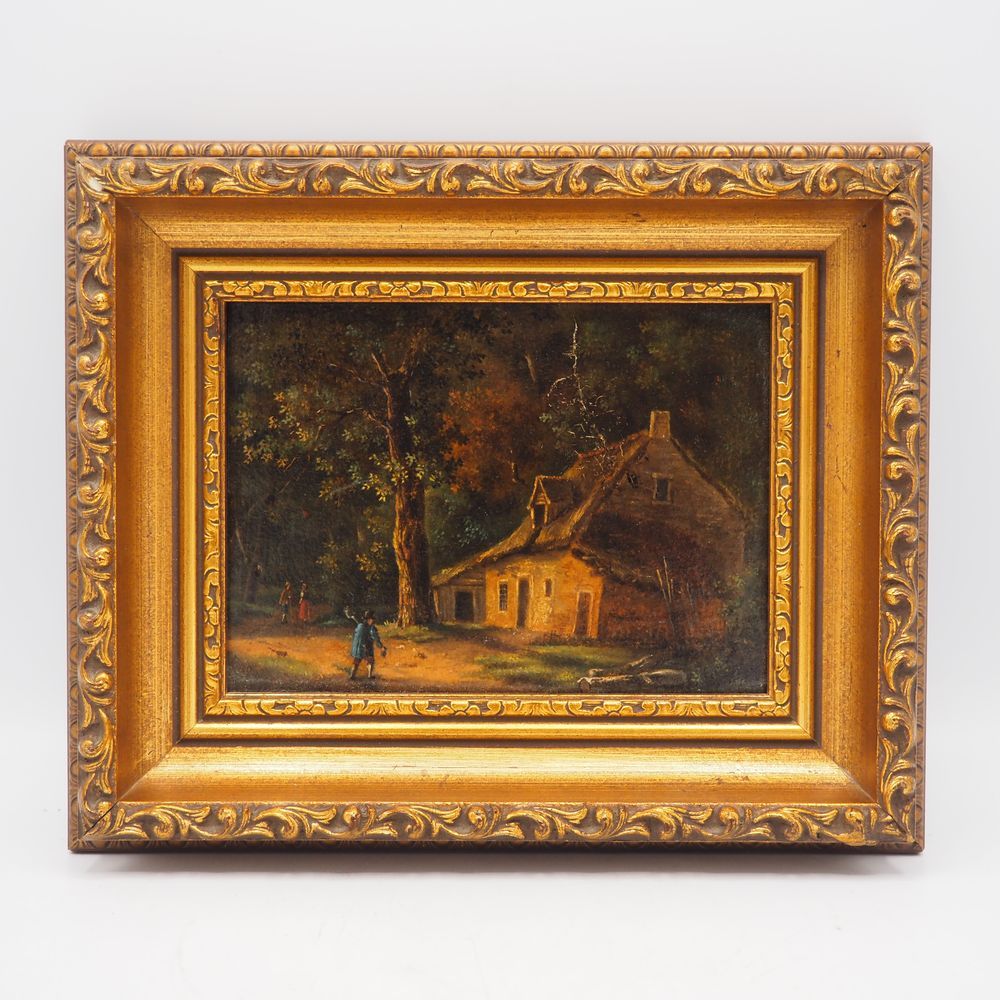 Null Bilder (1811) : Öl auf Leinwand, Reetdachhaus mit Figuren, Abm: 12 x 16 cm