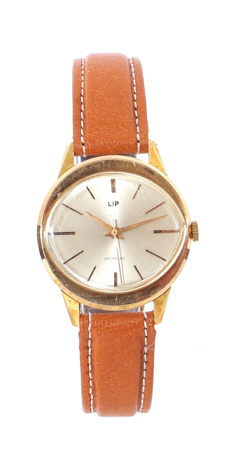 Null LIP About 1970

N° 321004

Gold-plated oval men's wristwatch, white dial, a&hellip;