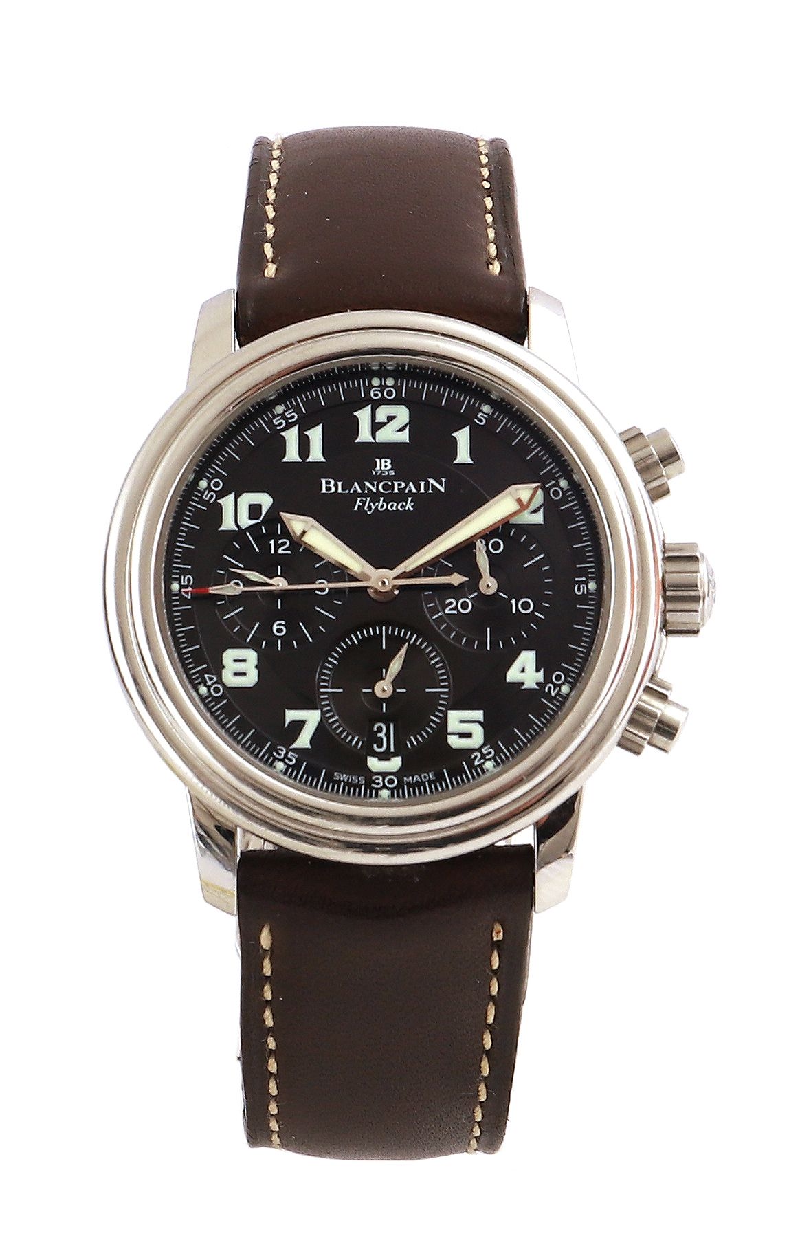 Null BLANCPAIN Flyback 大约2000年

N° 3371

男士不锈钢计时腕表，黑色表盘，罗马数字夜光时标，30分钟和12小时累加器，秒针&hellip;