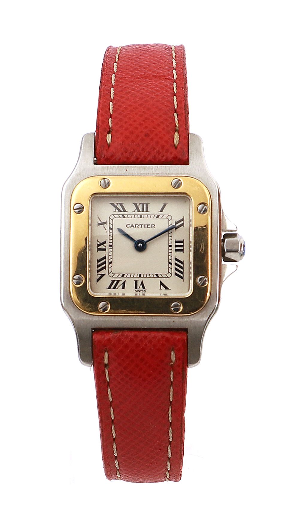 Null CARTIER Santos 大约2000年

Ref 44275

N° 1057930

女士金钢腕表，金质表圈镶有钢质螺丝，白色表盘，罗马数字时&hellip;