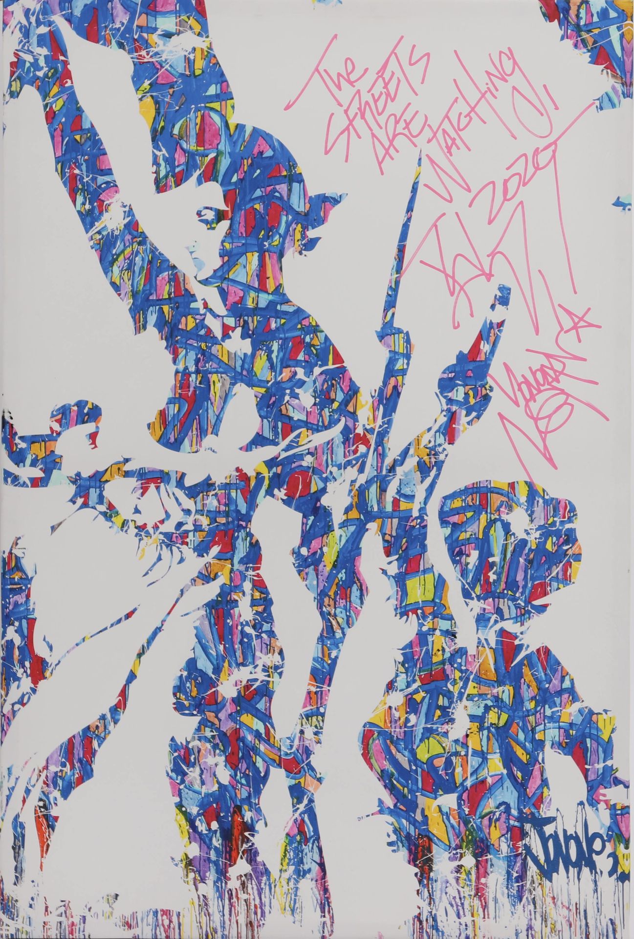 Null JonOne "自由引导人民"(1963年出生)

画布上的多色印刷品，由艺术家用粉色记号笔手工强化。

独特的作品，在盘子里和手写的签名。

201&hellip;