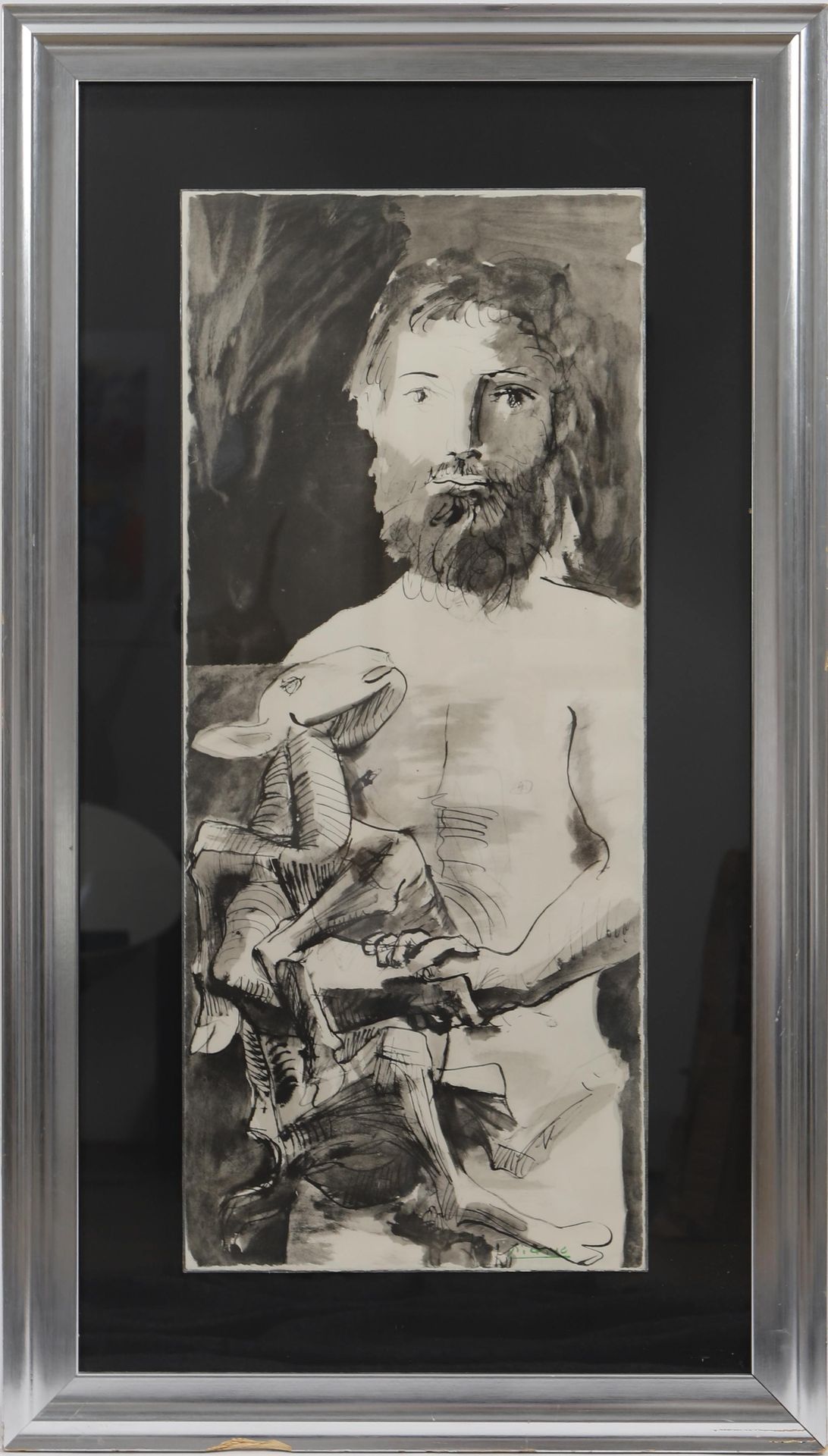 Null 
在巴勃罗-皮卡索（1881-1973）之后




表现 "带羊的人 "的单色石版画--玻璃下装裱。




模板签名




带框架的尺寸：高：1&hellip;