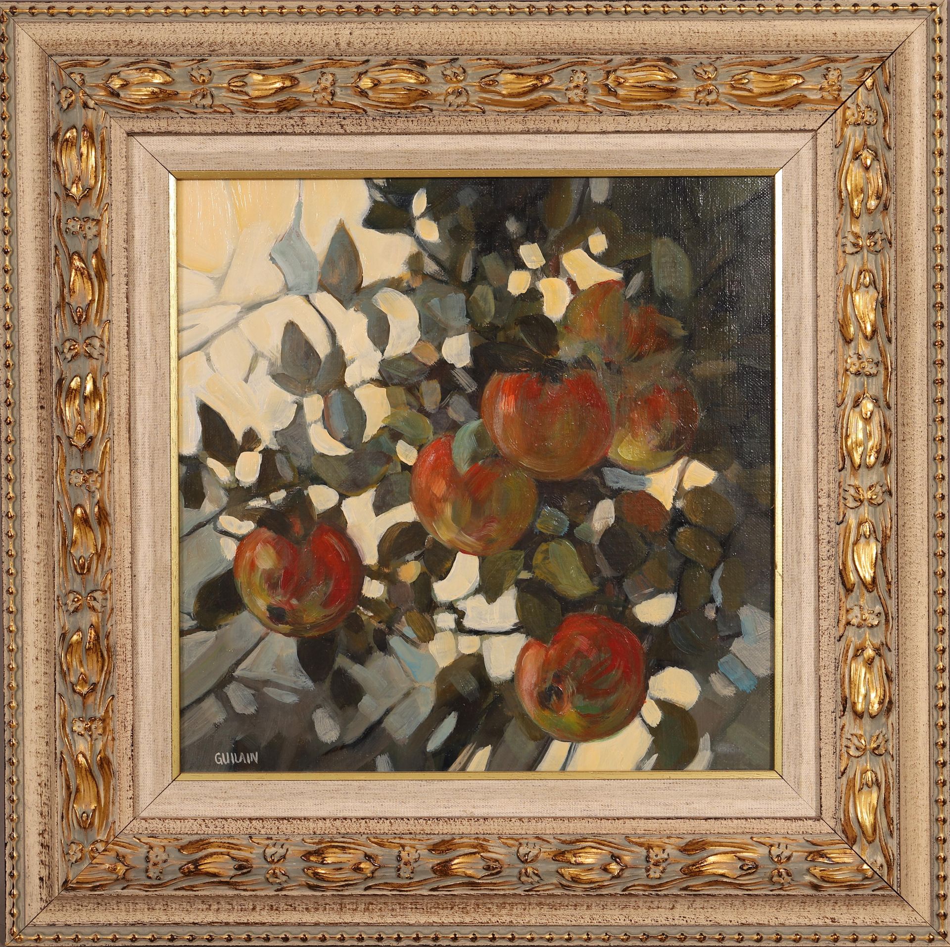 Null Bernard GUILAIN（生于1955年）。

法国画家

布面油画，苹果树

左下方有签名

外观尺寸：高：30，宽：30厘米