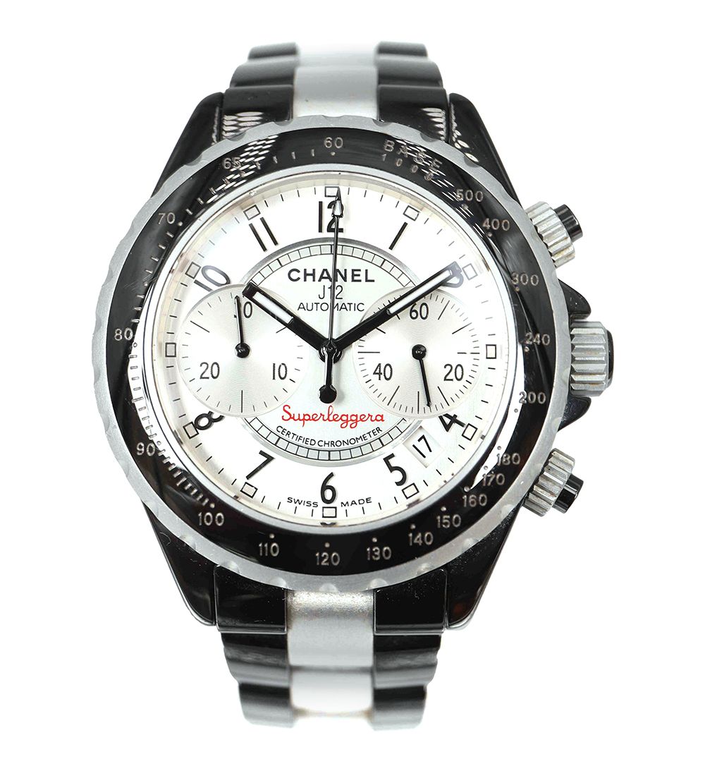 CHANEL J12 SUPERLEGGERA About 2000 N°  Men's ceramic and aluminum  chronograph wristwatch, white dial, Arabic hour markers, tachymeter bezel,  30-minute totalizer, second hand at 3 o'clock, date window at 5 o'clock,