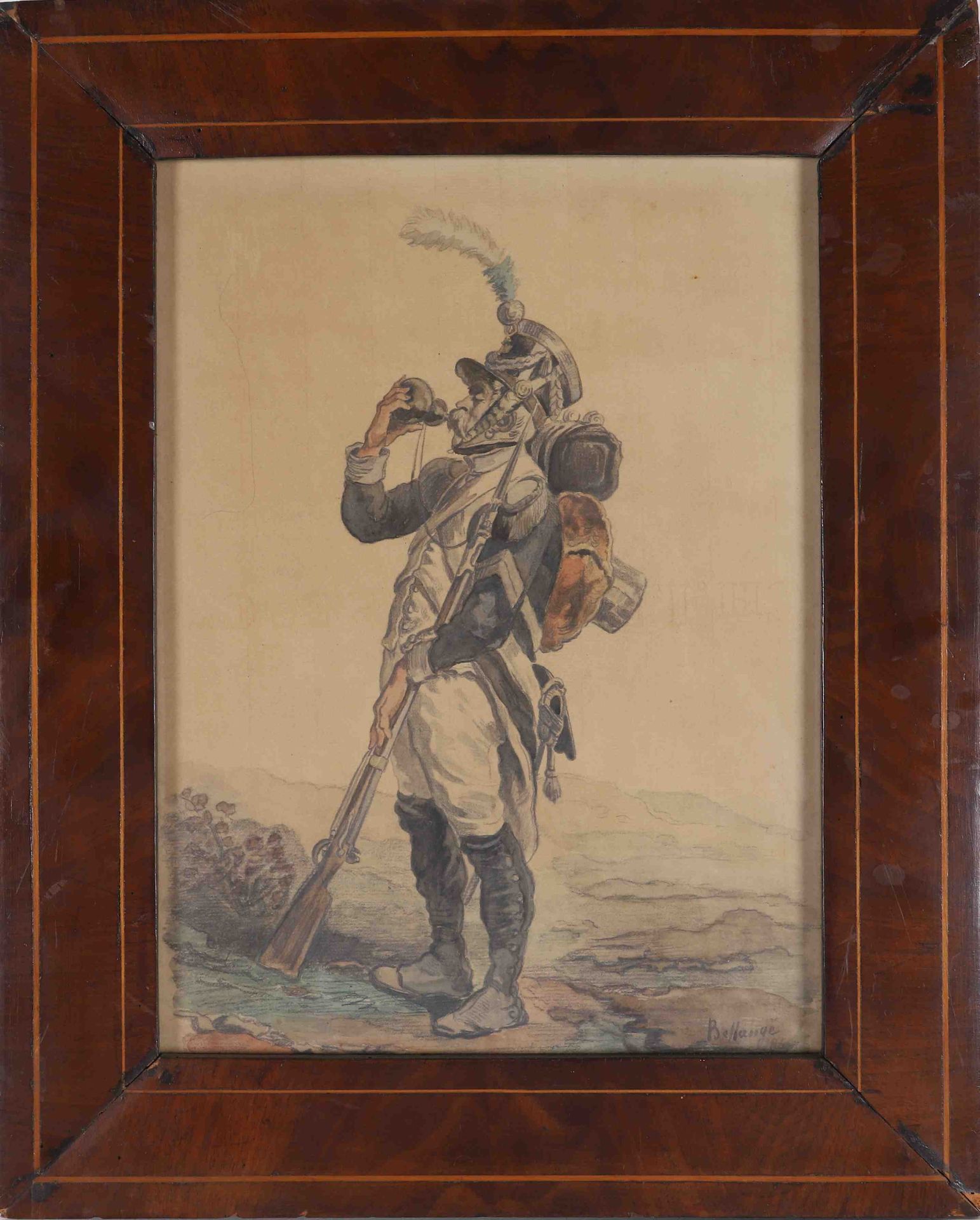 Null 伊波利特-贝朗日（1800-1866）。

原创水彩画 "拿着葫芦的士兵"。

尺寸：35x25厘米