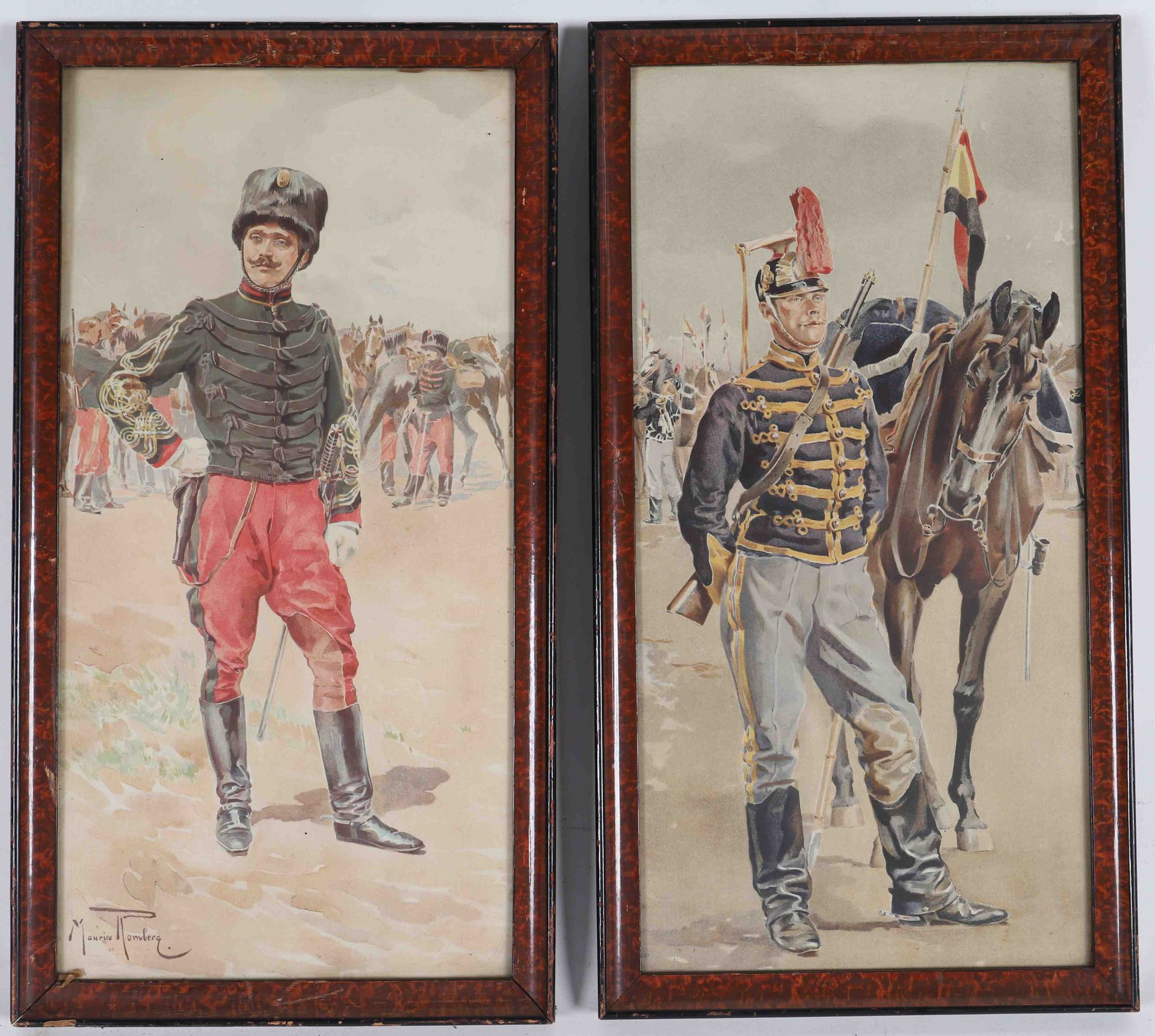Null 莫里斯-罗伯尔-德-沃科贝尔(1864-1943)

多色石板画一对，导游和长枪手 1900年

尺寸：20x40厘米

比利时