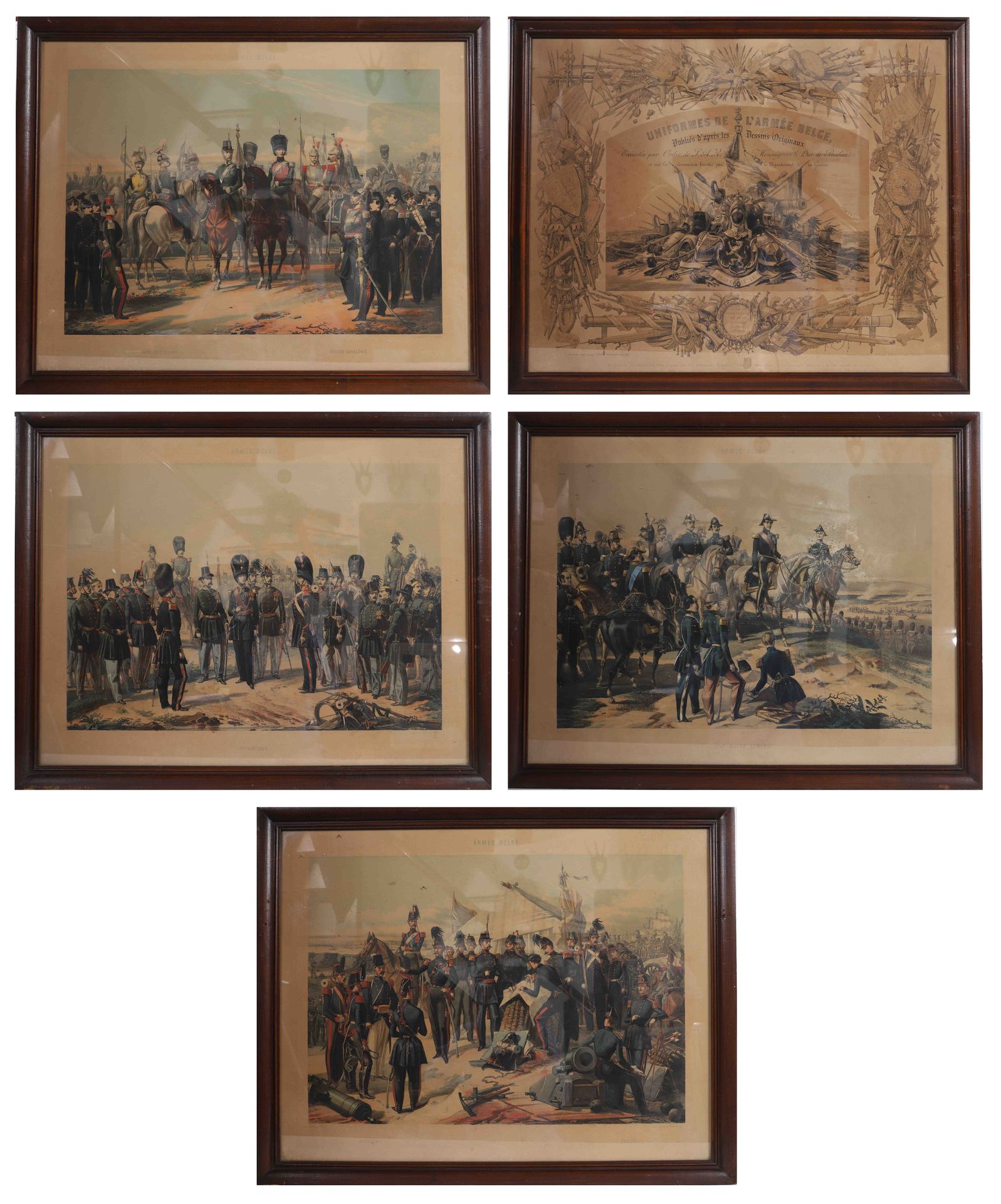 Null 亨德里克斯（1817-1899）

一套5幅石版画，比利时军队，约1880年

玻璃下的框架

尺寸：85x68厘米